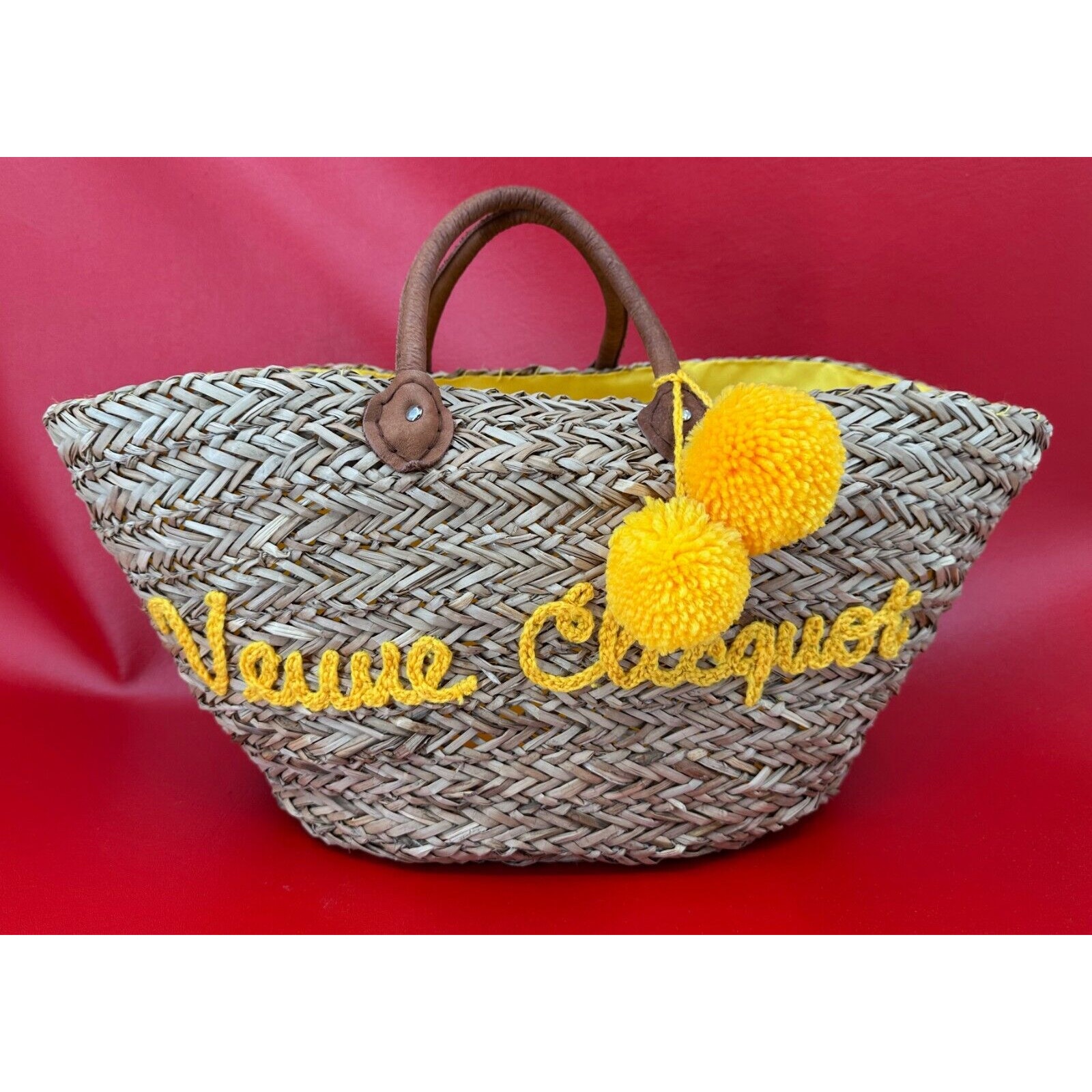 Veuve Clicquot Yellow Pom-Pom Straw Tote Bag